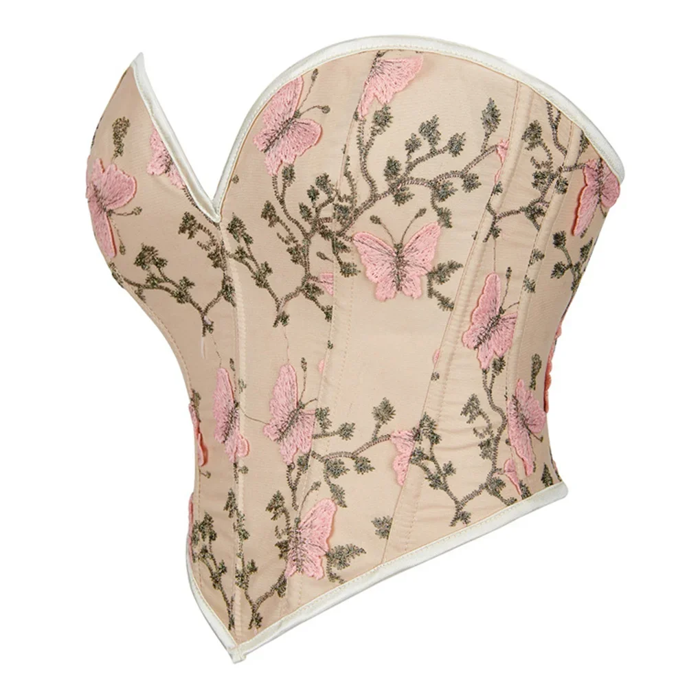 Women Butterfly Pattern Jacquard Corsets Crop Tops Overbust Bustiers Backless Lace Up Slimming Lingerie Sexy Corselet