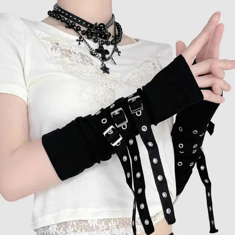 Fashion Women Half Finger Metal Buckle Gloves Rivet Punk Gothic Hip Hop Party Cosplay Dance Mitten Black Fingerless Strap Glove