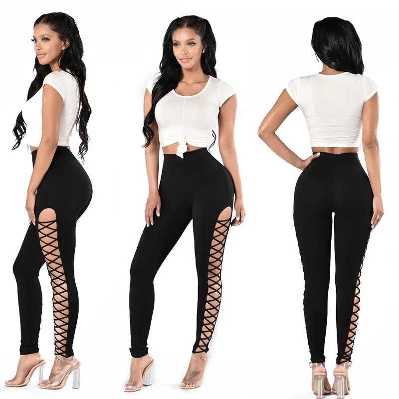 Autumn Winter 2024 New Women's Pants Sexy Elastic Pants with Broken Holes Casual Mid Personality Side Lace Pants