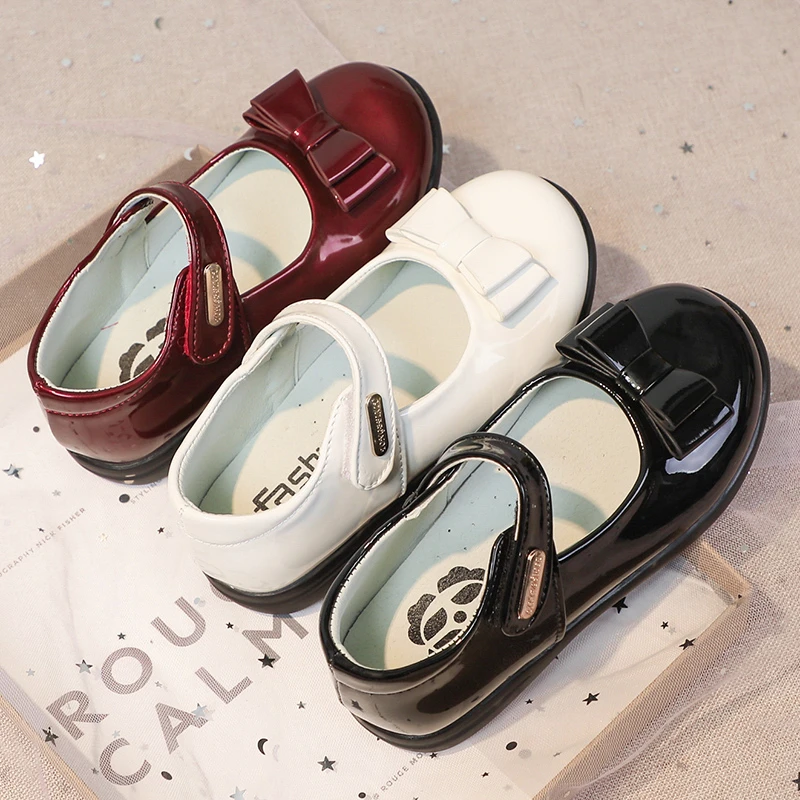 

New Girls Leather Shoes Solid Color Spring and Autumn 2023 Cute Princess Bow Casual Versatile UK Uniform School Shoes Black Flat