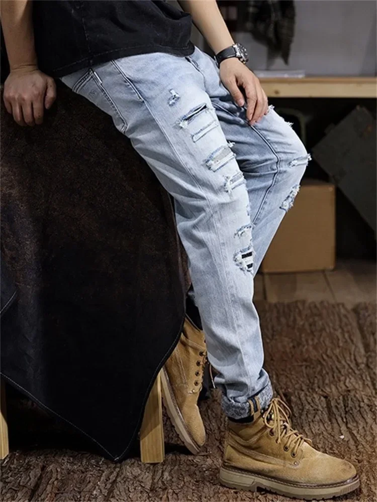 Men 3D Broken Hole Jeans Long Ink Splash Graffiti Pants 3D Inner Bleached Slim Fit High Elastic Zipper Trendy Cat Flipping Edge