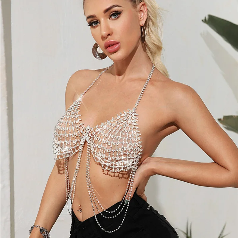 Colorful Rhinestone Tassel Body Harness Chain Bra Chest Chain For