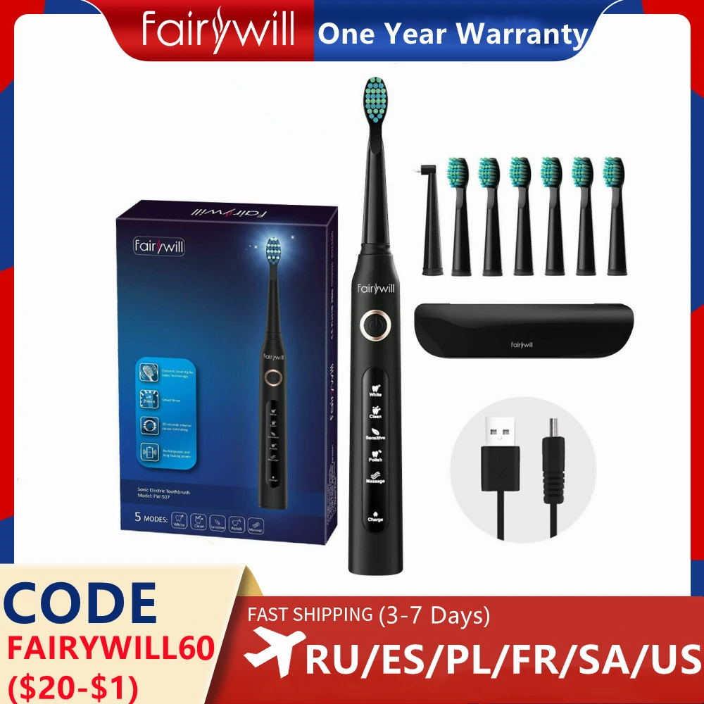 Fairywill Electric Sonic Toothbrush Fw507 Rechargeable Usb Charge