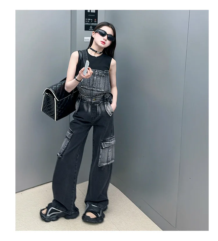 2025 Spring/Autumn Girls Denim Overalls Trendy Detachable Wide-Leg Jeans for Kids Stylish Versatile Casual Two Wear Trousers