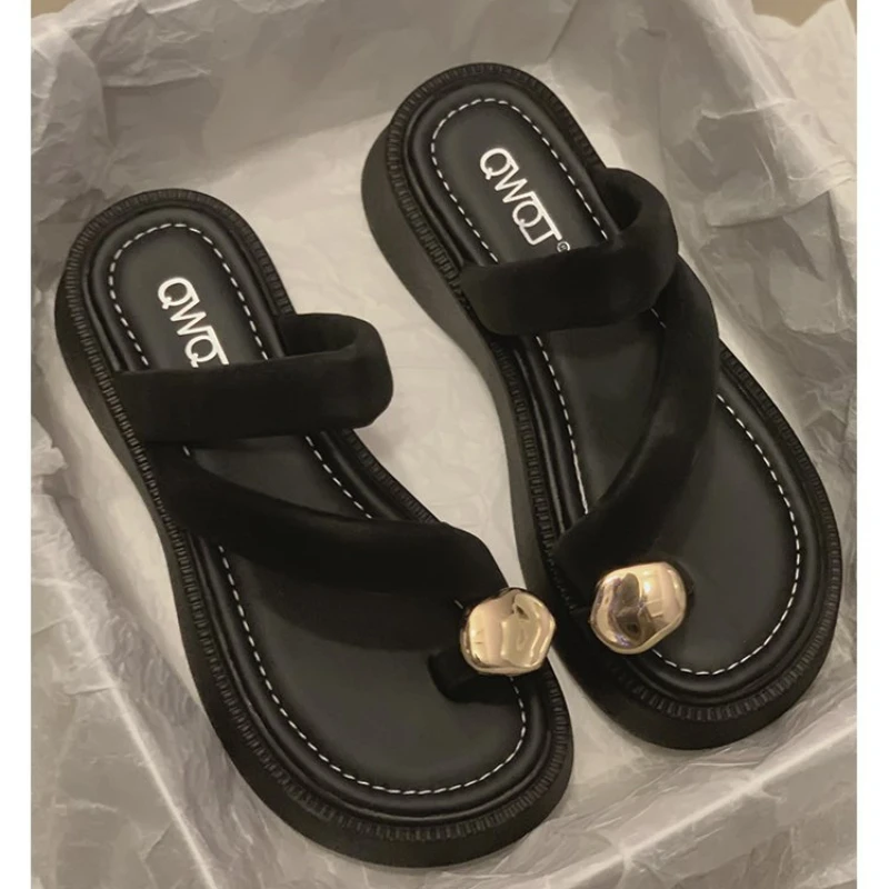 Summer Slippers Women's Toe Sandals Fashionable Metal Thick Soled Slippers Comfortable Flip-flops Casual Clip Sandals Slippers