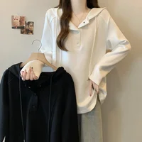 Plus Size Hoodie Sweatshirt Casual Loose Long Sleeve Overhead Top Solid Color Simple Style Belly Covering Shirt for Women