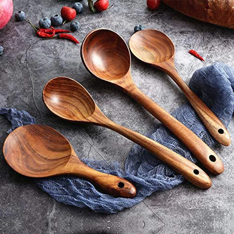 Teak Natural Wood Tableware Nonstick Special Spatula Cooking Long Handle Ladle Wooden Slotted Soup ladle Spoon Kitchen Tool