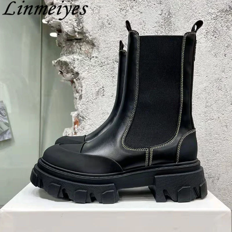 

Женские мотоциклетные ботинки из натуральной кожи, с круглым носком