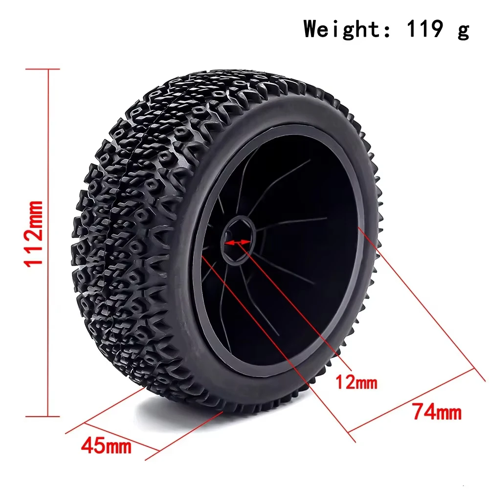 Ensemble de 4 pneus de camion RC 1/10 112mm disposés en éventail, parfaits pour le tout-terrain.