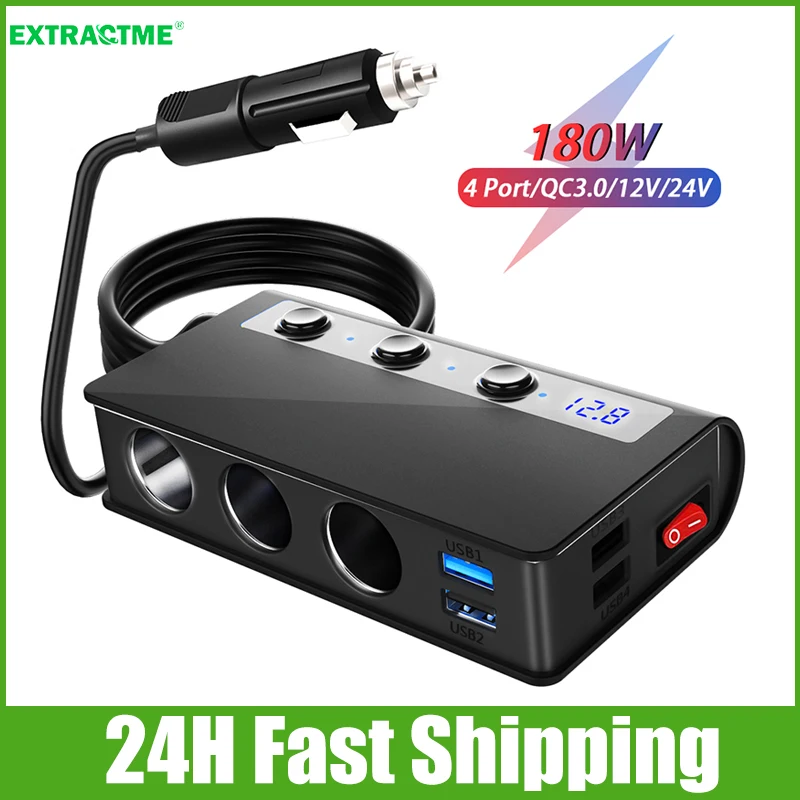 Extractme USB 충전기 소켓 어댑터, 고속 충전 3.0, 12V, 24V, 고속 자동차 충전기 분배기 어댑터, 자동차 인테리어 부품, 180W, 4 포트