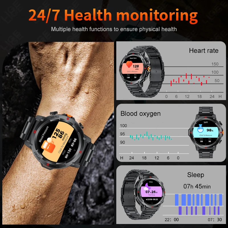 LIGE New LED Flashlight Smart Watches Men Women IP68 Waterproof 100+ Sport Modes Heart Rate Fitness Tracker Outdoor Smartwatch