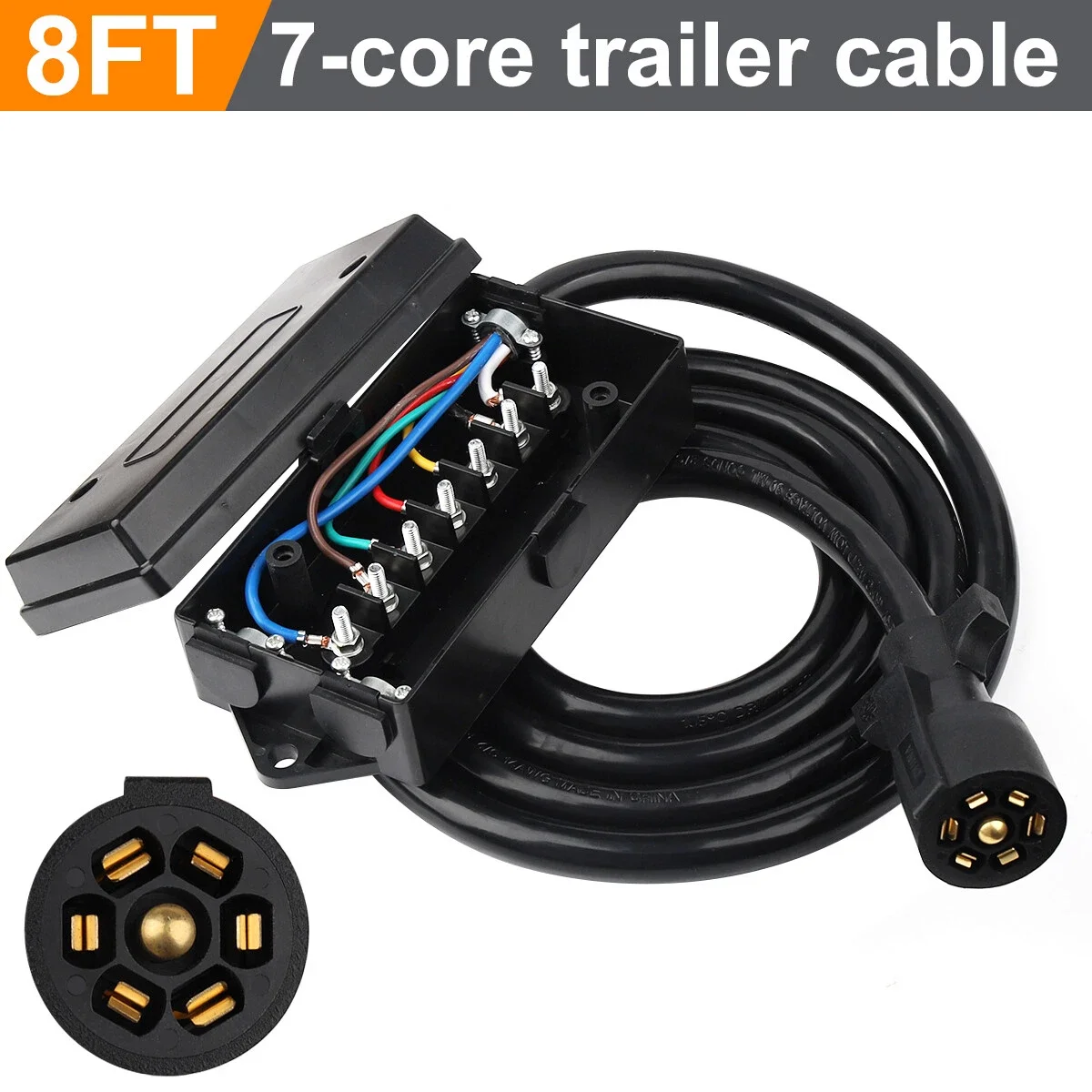 8FT 7Way Trailer Plug Inline Trailer Cord Socket Plug Connector Adaptor Waterproof Wiring Harness 7Pin Connector