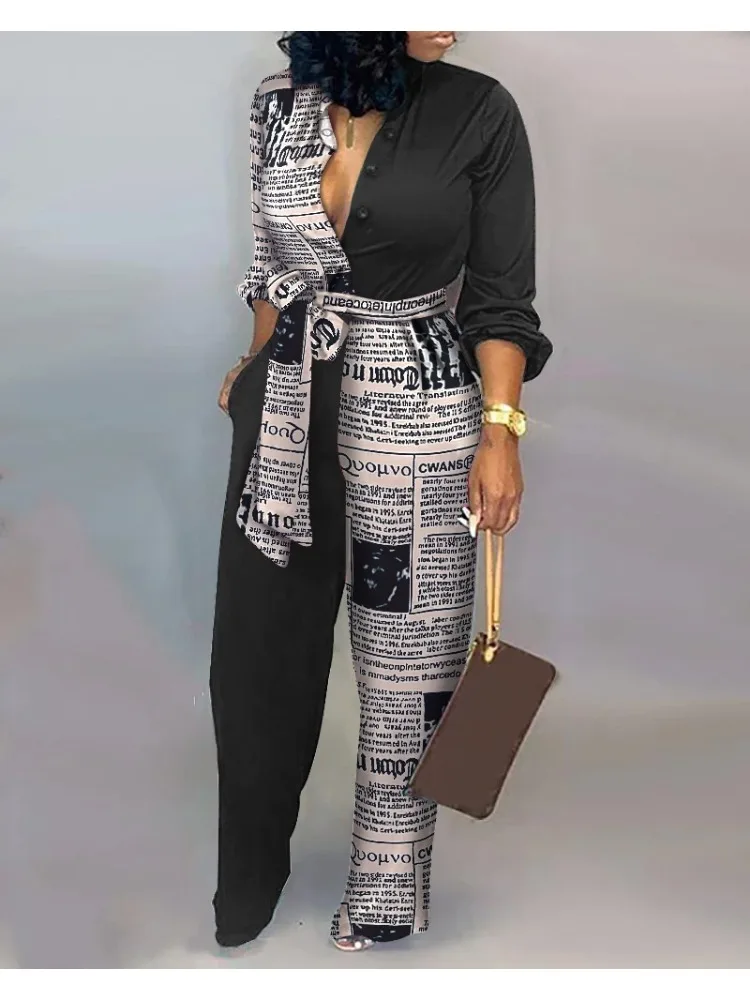 2023 Casual Jumpsuit Women Deep V-neck Patchwork Long Sleeve Jumpsuits Streetwear Loose Button Full Length Pants Woman Clothing
