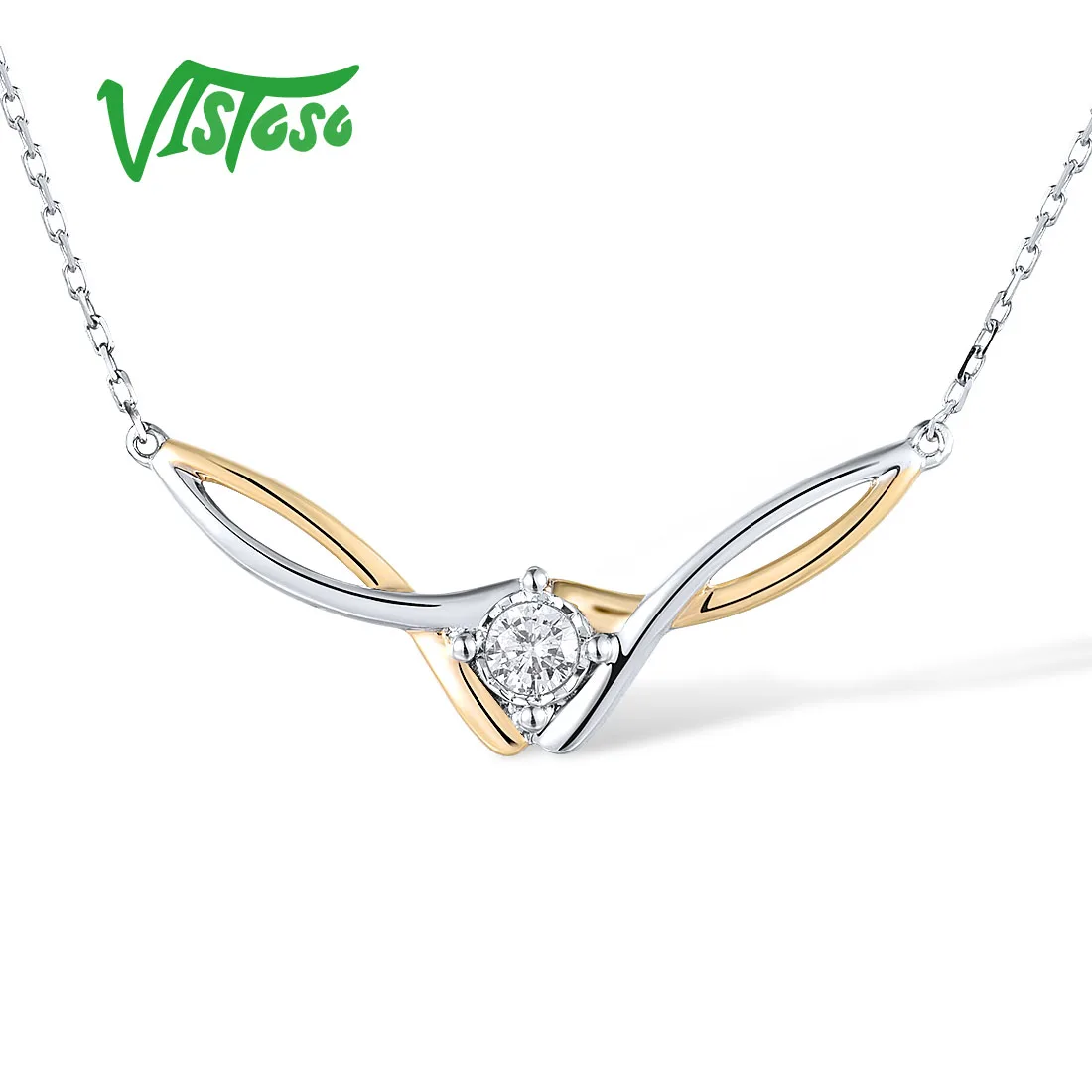 VISTOSO Genuine 9K 375 Two-Tone Gold Necklace For Women Sparkling White Cubic Zirconia Elegant Wedding Anniversary Fine Jewelry