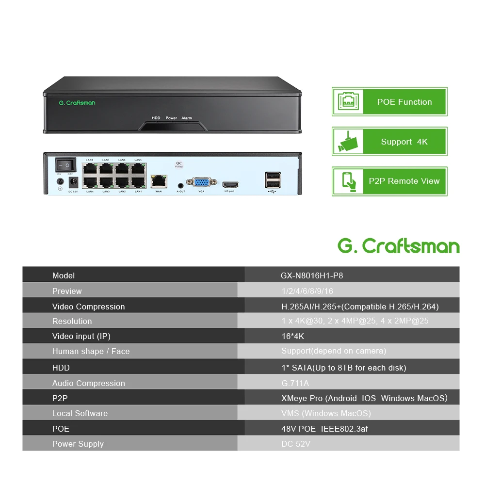 XMeye 8ch POE 4K NVR 16ch Support Network Video Recorder H.265+ 1 HDD 24/7 Recording IP Camera P2P System Security network video recorder surveillance security