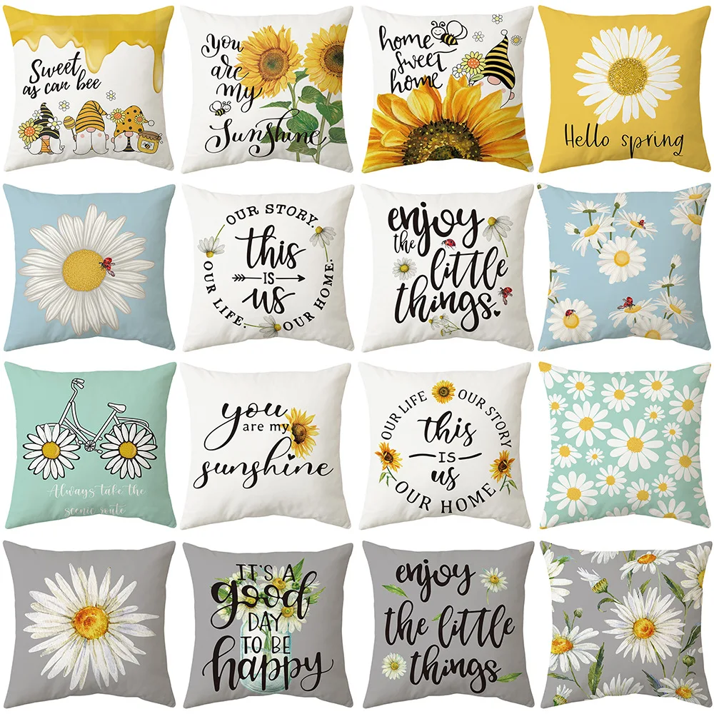 

Flower Sunflower Daisy Bees Print Cushion Cover 45x45 Square Pillowcase Spring Farmhouse Home Decor Throw Pillow Cover for Sofa