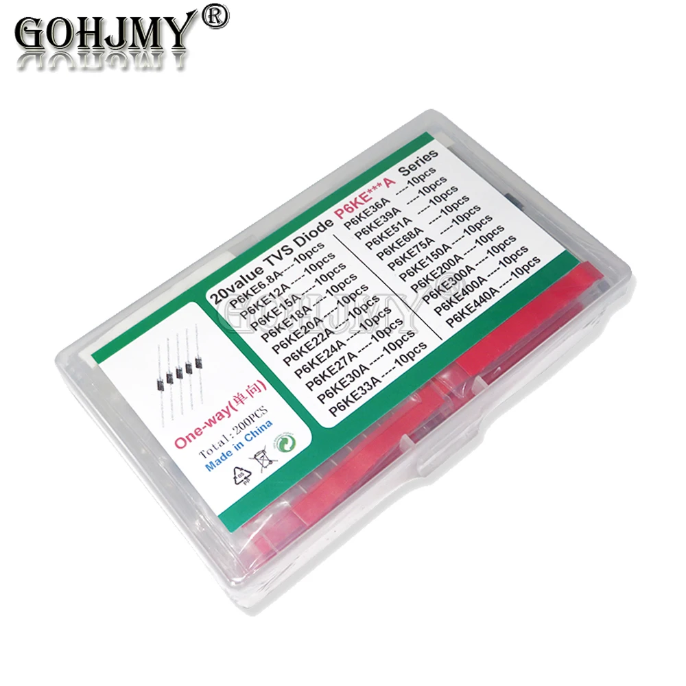 200Pcs 20Values*10Pcs Tvs Transistor Kit P6Ke6.8A/Ca 12/15/18/20/22/24/27/30/33/36/39/51/68/75/150/200/300/400/440A/Ca Tvs Diode