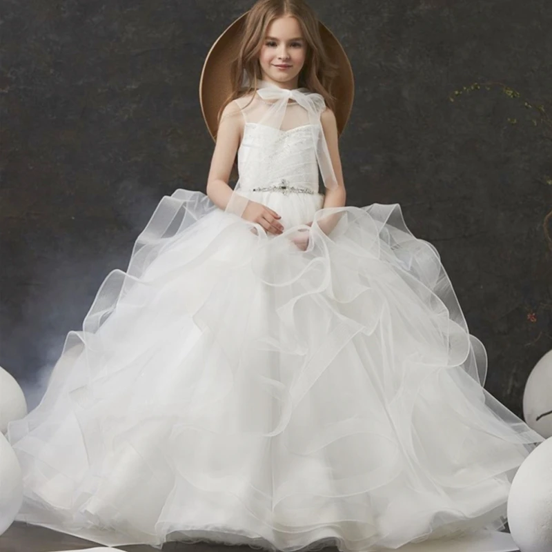 Elegant White High Neck Flower Girl Dresses Lace Appliques Cap Sleeves