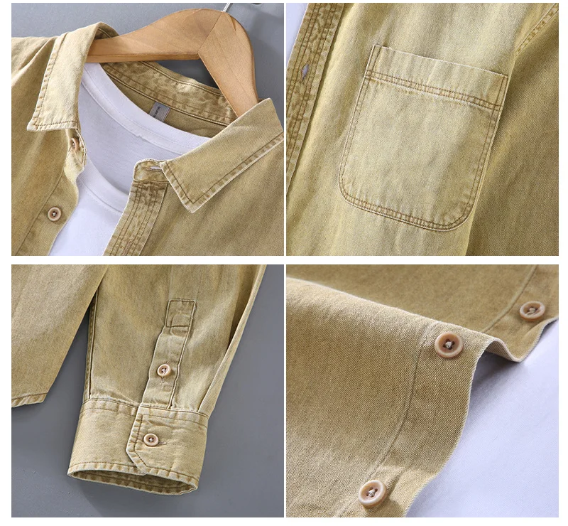 Japanese Fashion Denim Shirt Men Spring Autumn Washed Heavy Jean Tops Casual Pure Cotton Shirts