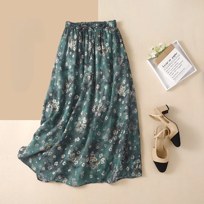 

Artistic Vintage Floral Cotton and Linen Skirt Women's Summer Loose Mid-Length Linen A- line Skirt