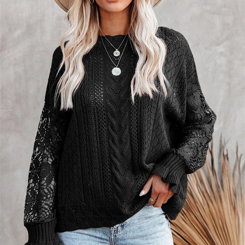 cropped cardigan New Spring Sweater Casual Soft Crew Neck Hollow O-neck Jumper Fashion Slim Lace Sleeve Knit Sweater Bottom Shirt cropped sweater