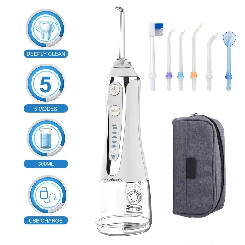 Oral Irrigator Dental Cleaner Water Flosser 5 Modes 300ml Portable USB Rechargeable With Travel Bag