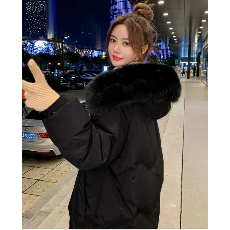 Bling Hooded Down Jackets Women Fox Fur Collar Warm Sweet Medium Long White Duck Coats Thickened Clothes Loose 6XL Long Sleeves