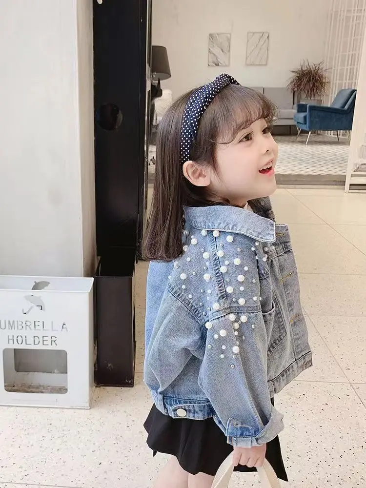 

2023 Pearls Beading Denim Jacket For Girls Fashion Coats Children Clothing Autumn Baby Girls Clothes Outerwear Jean Jackets Coat