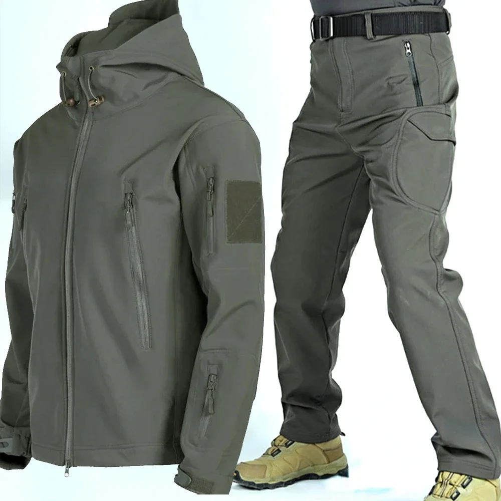 Winter Workout Tactical Suit Men Workwear Pants Sets Outdoor Military Sharkskin Fleece Jacket Camo Waterproof Pockets Combat