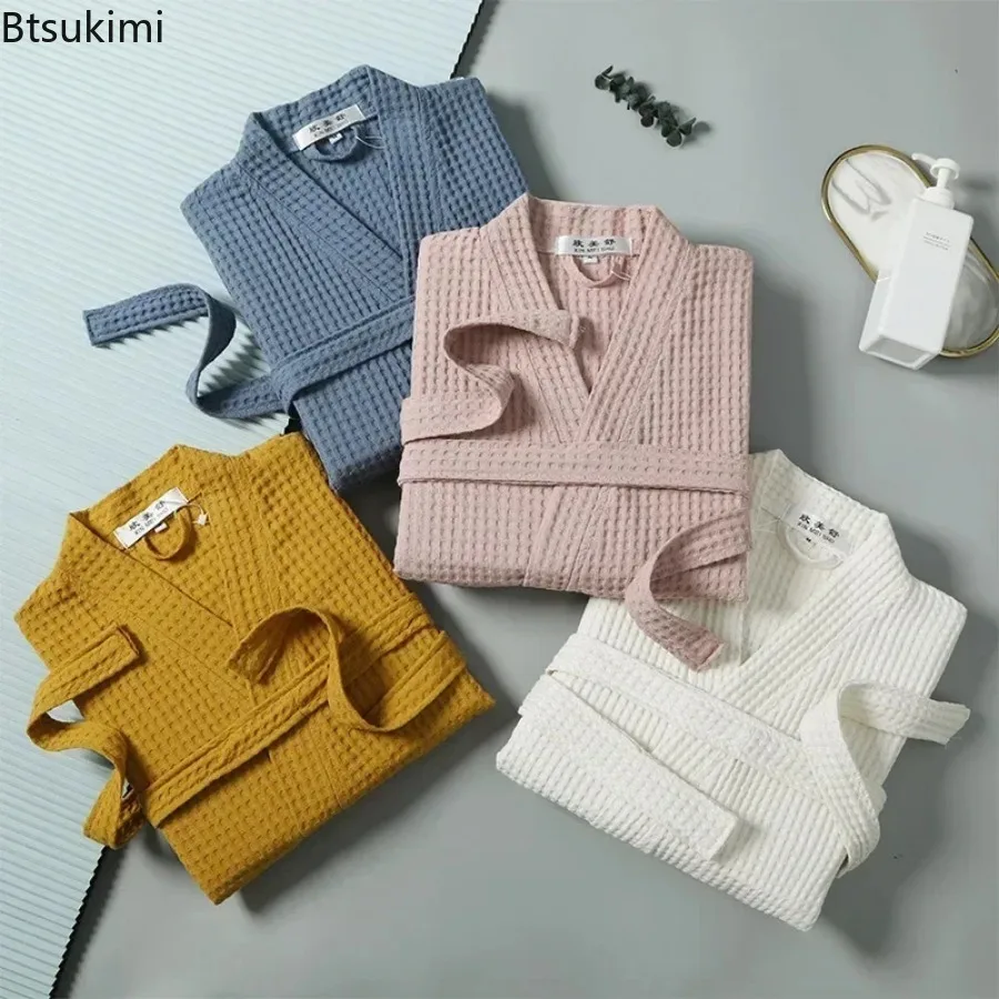 Men's Cotton Terry Robe for Spring and Summer Thin Morning Robe Long Sleeve Waffle Bathrobe Hotel Beauty Bath Towel for Couples