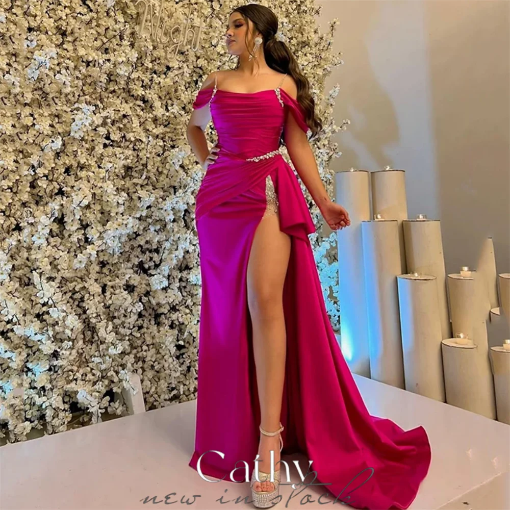 

Cathy Hot Pink Mermaid Satin Fabric Prom Dress Off Shoulder Spaghetti Strao vestidos de fiesta Side High Split فساتين السهرة