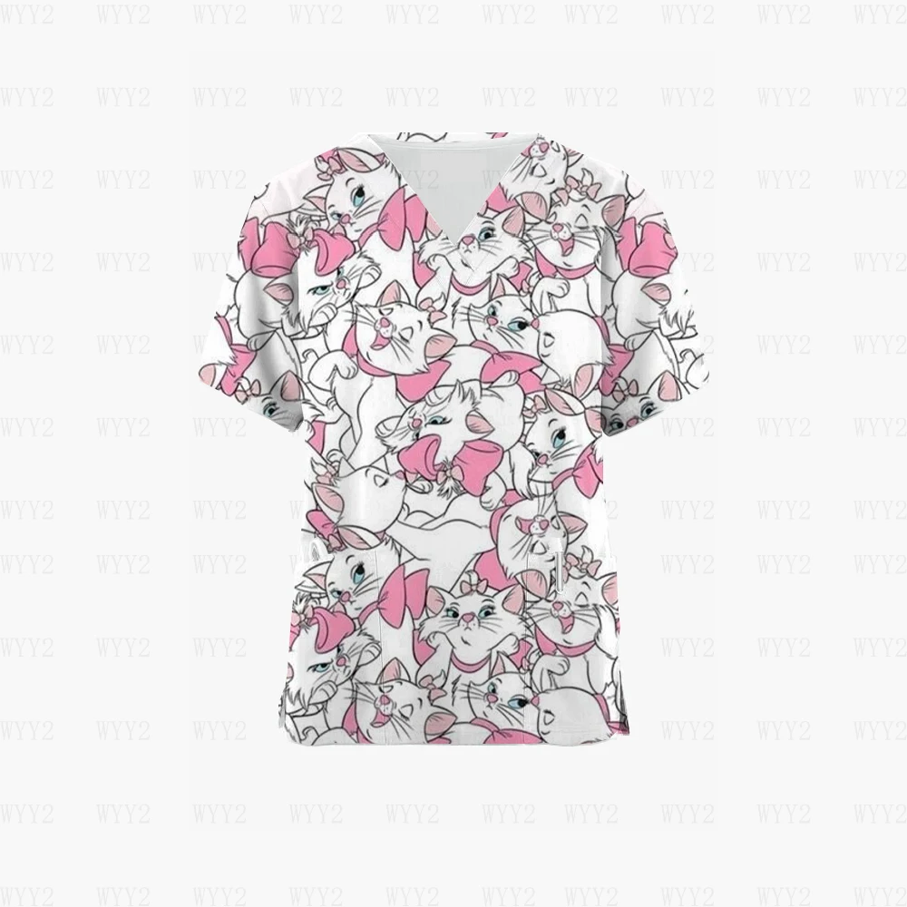 

Women's V Neck Matte Disney Marie Tops With Pockets Printed Matte Nurse Uniform Printed Nurse Women's Short Sleeve Shirt