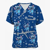 Women's Christmas short sleeved V-neck Disney Stitch printed top, laboratory nursing and health work clothes T-shirt with pocket
