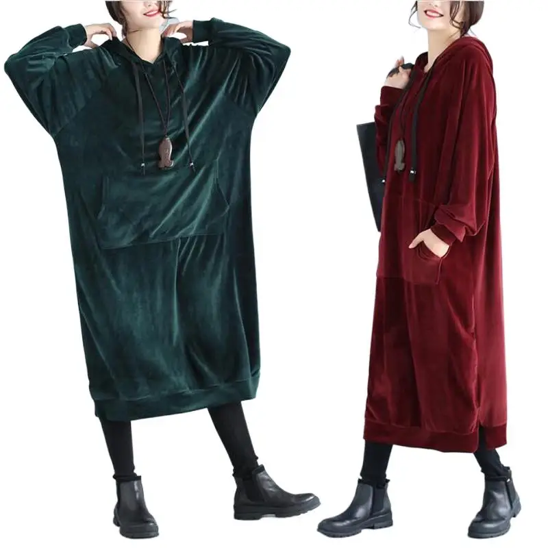 

Women Oversized Hoodies Long Dress 2023 Autumn Winter Women Loose Sweatshirts Dress Casual Simple Velvet Dress Female Clothing