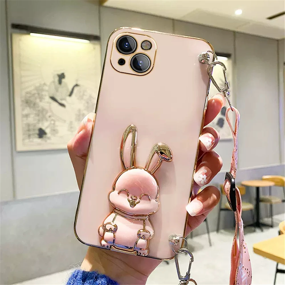 Crossbody Lanyard Rabbit Bracket Plating Silicone Phone Case