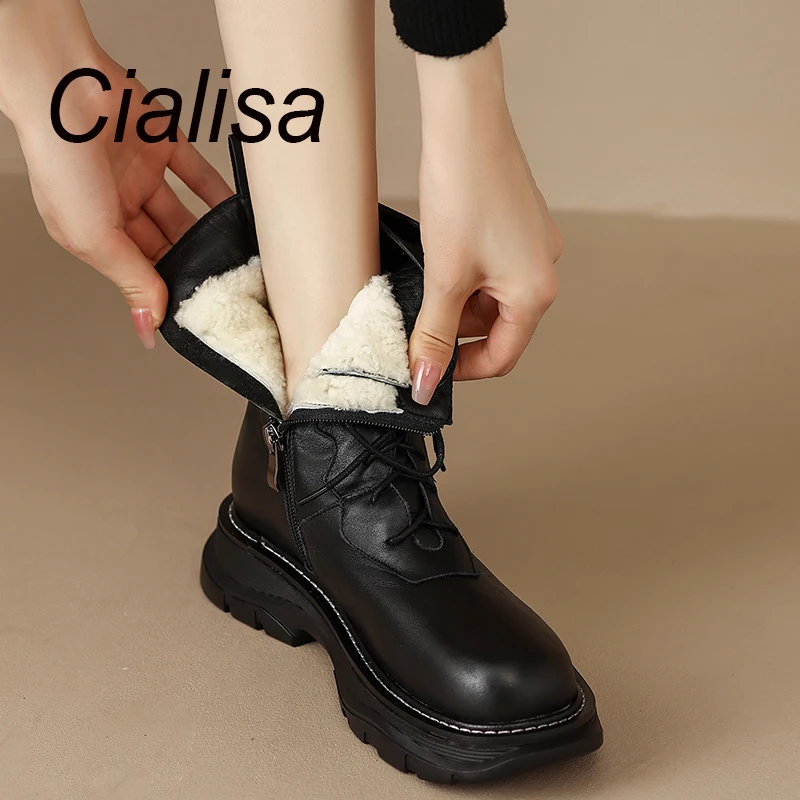 

Cialisa Real Leather Ankle Boots 2022 Winter Shoes Warm Fur Platform Round Toe Thick Mid Heels Short Boots Apricot Big Sizes 42