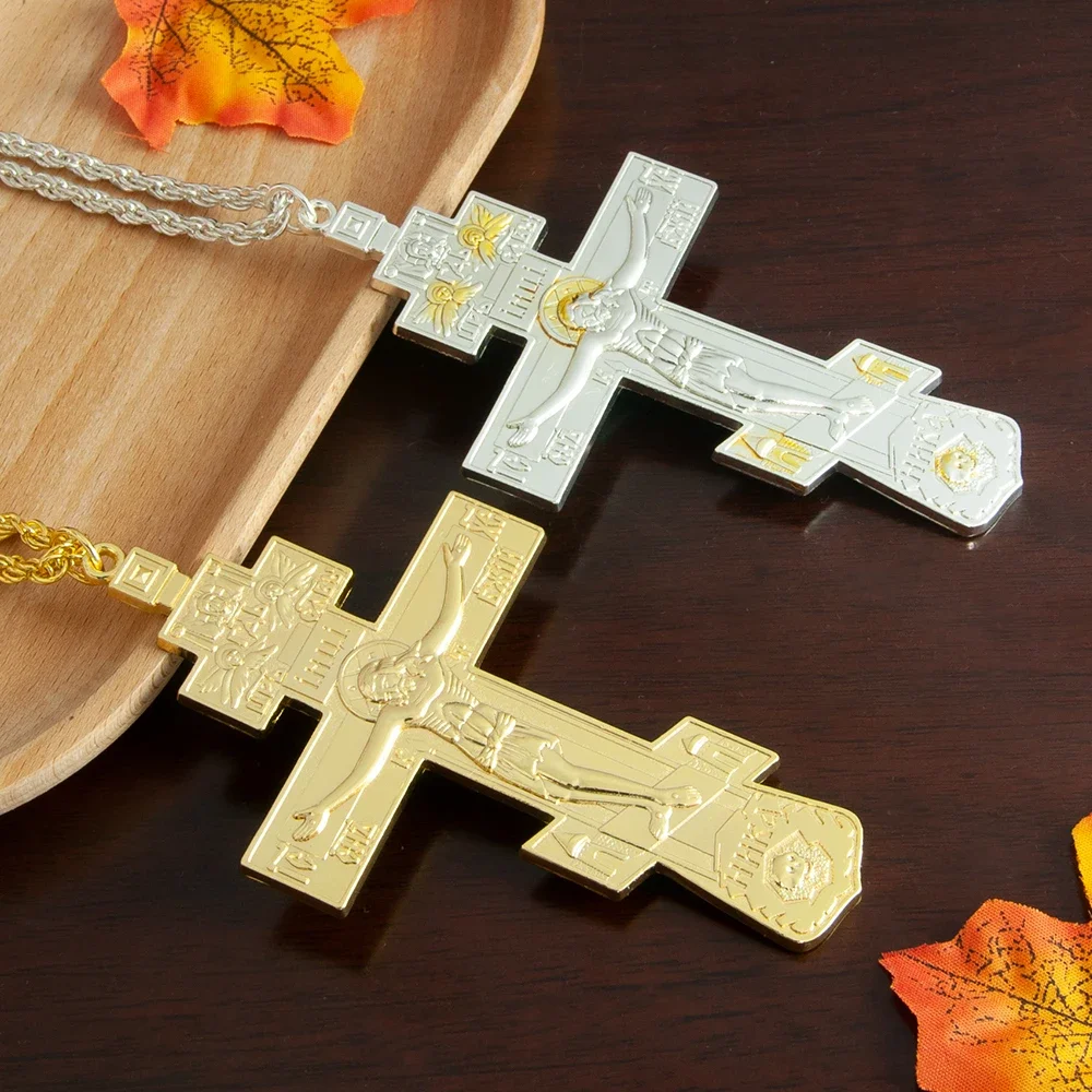Pectoral Cross Necklace Christ Pendant Gold Cross Necklace Orthodox Jesus Cross Jesus Crucifix Gold Plated Pectoral Cross Pendant Necklace for Priest Bishop Religion Gift