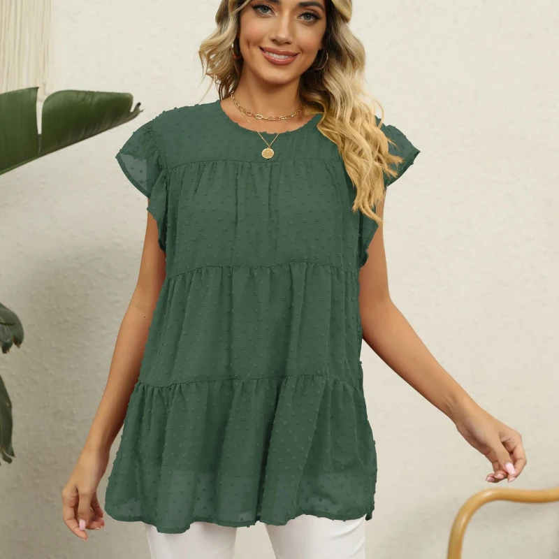 

Summer Tops O Neck Chiffon Shirt Women Casual Loose Short Sleeve Blouse Fashion Jacquard Blouses Clothes Pullover Blusas 25107
