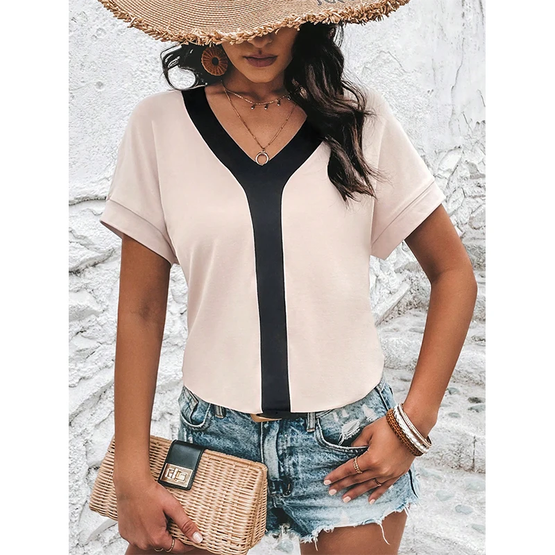 

2023 Cross border Summer Hot Selling V-neck Temperament Short Sleeve Women's Foreign Trade Commuter Solid Color Versatile Pullov