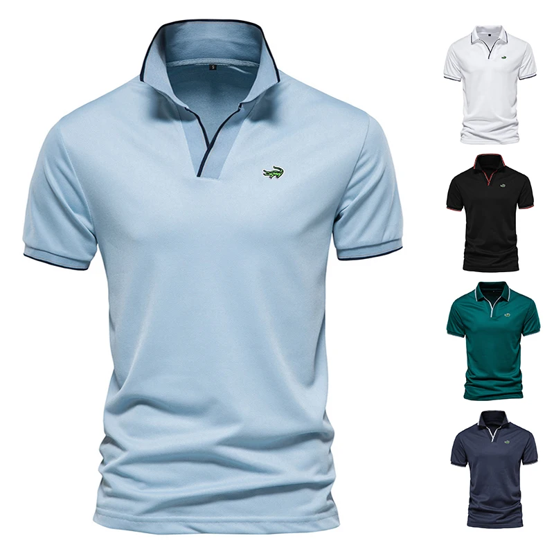 

High Quality V Neck Polo Shirts for Men Solid Color Short Sleeve Classic Mens Polos 2023 New Summer Polo Shirt Men Clothing