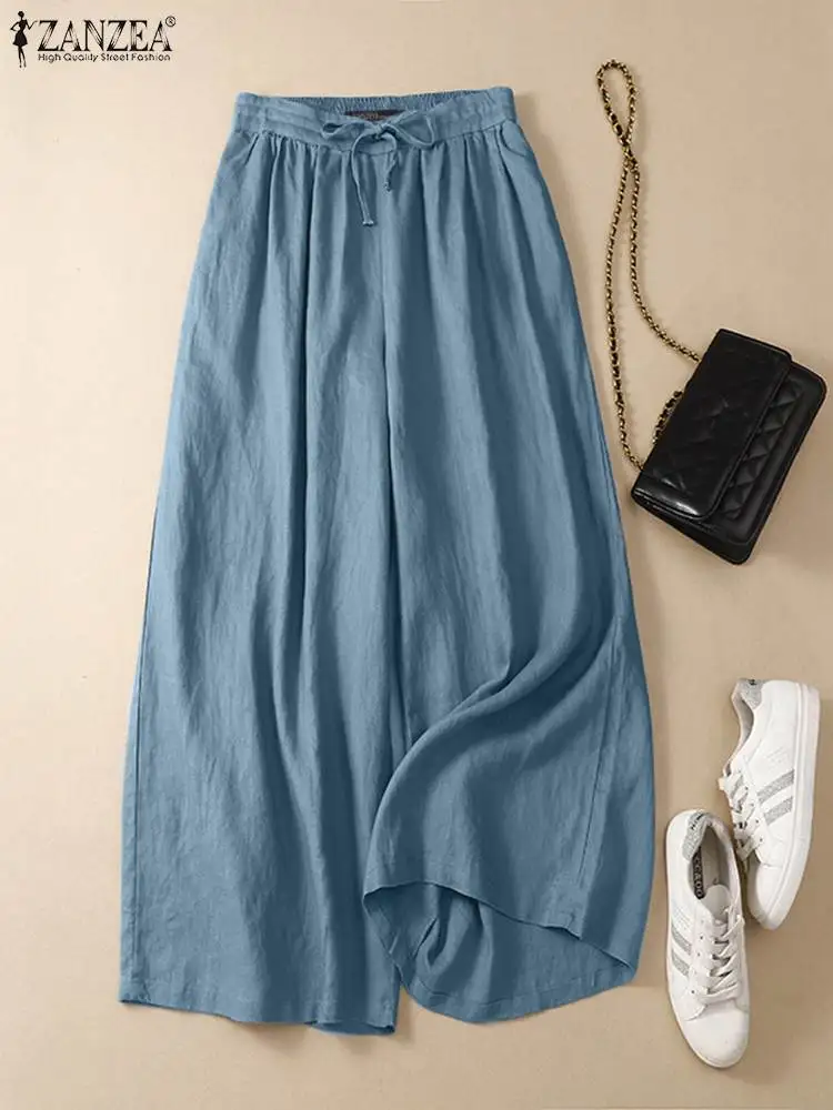 

ZANZEA Oversized Casual Trousers Woman Solid Color Wide Leg Pant Summer Fashion Loose Lace Up Palazzo Long Pantalon Female 2023
