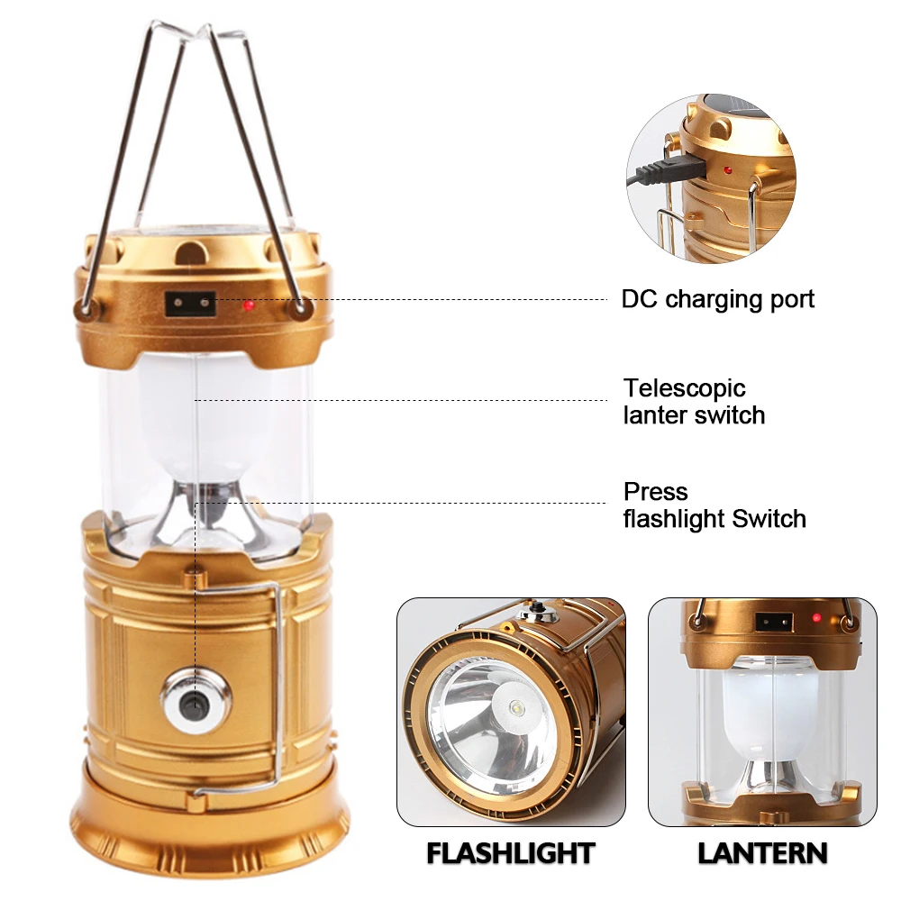 Camping Lamp USB Rechargeable Camping Light Outdoor Tent Light Lantern Solar Power Collapsible Lamp Flashlight Emergency Torch