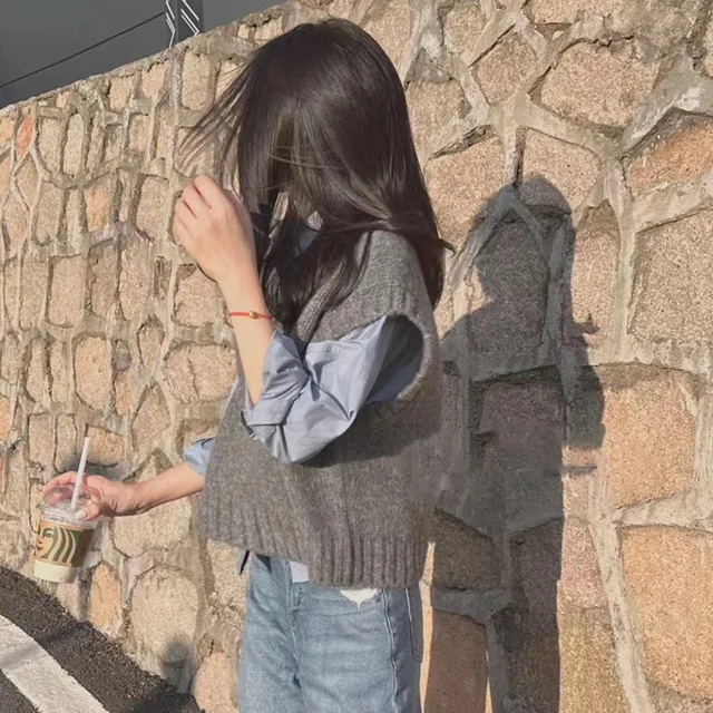 رمادي سترة دون أكمام محبوك سترة المرأة الخريف والشتاء الكورية الحلو نمط ملابس خارجية سترة الخامس الرقبة سترة محبوكة عادية