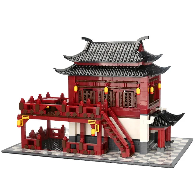 Chinatown Streetscape Architecture Build Block China City Street View Floor Upstairs Brick Toy Ancient Hotel Assemble Model 5