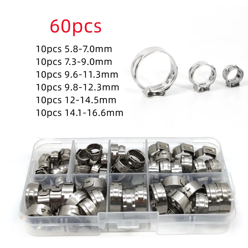 60pcs Single Ear Stepless Hose Clamps 5.816.6mm 304 Stainless Steel