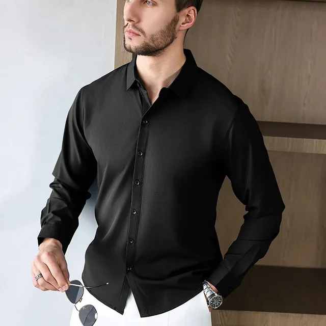 Chemise à manches longues pour hommes, couleur unie, décontractée, résistante aux rides, confortable, polyvalente, toutes saisons, nouvelle collection 1