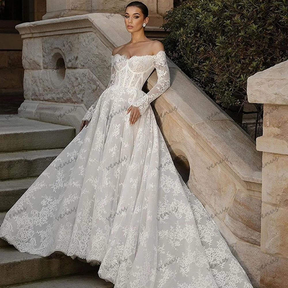 Gorgeous Wedding Dresses Elegant Bridal Gowns Off The Shoulder Robe Full Sleeves A-Line Modern Vestidos De Novia 2025 Customized 4