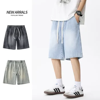 Elastic Waist Men Casual Denim Shorts Light Blue Soft Fashion Straight Baggy Wide Short Pants Bermuda Jeans Male Streetwear 1