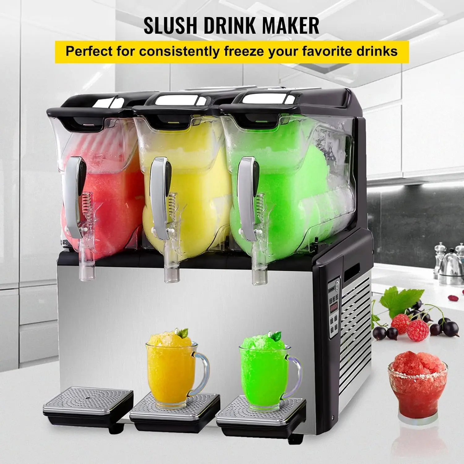 Slushy Machine Triple Bowl Frozen Drink Maker 1250W Automatic Clean Day and Night Modes for Supermarkets Cafes