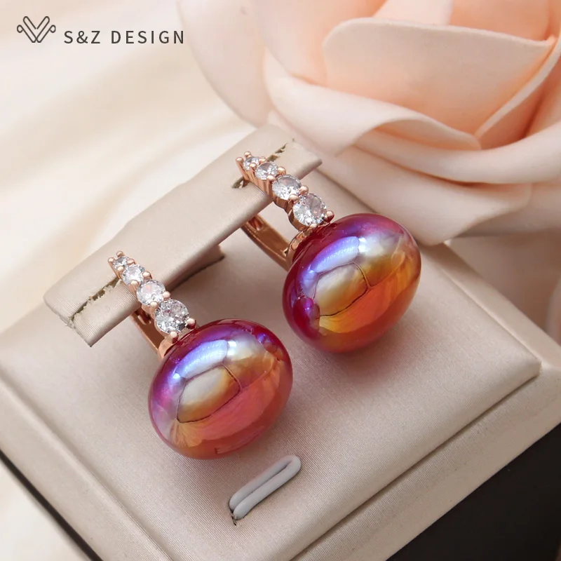 S&Z DESIGN New Fashion Luxury Colorful Beads Dangle Earrings For Women Cubic Zirconia Jewelry 585 Rose Gold Color Eardrop Gift